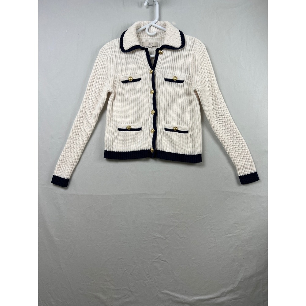 LOFT Cardigan Sweater Women Small White Navy Blue Contrast Trim Gold Buttons